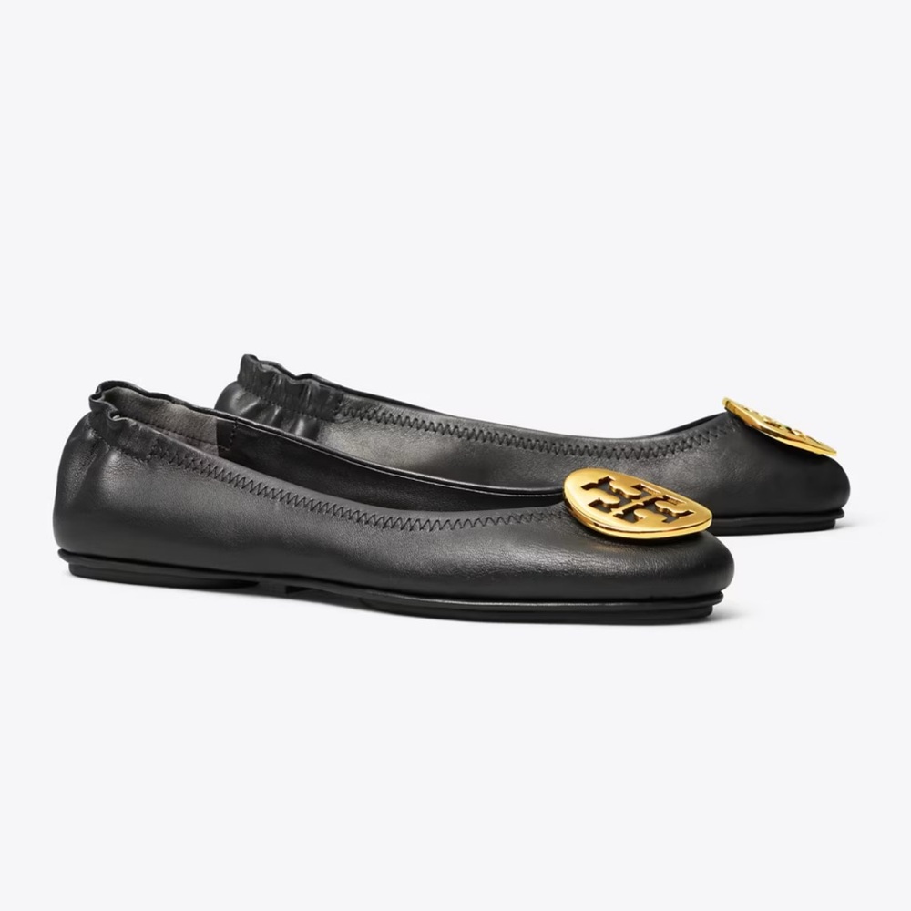 Tory Burch Leather Minnie Travel Ballet Flat in Perfect Black & Gold